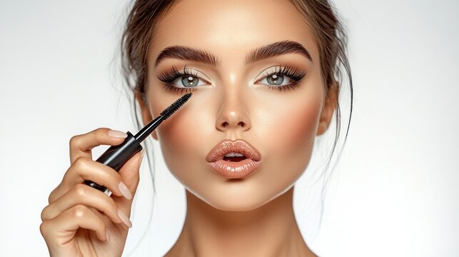 A woman with glamorous makeup applying black mascara to her long eyelashes closely