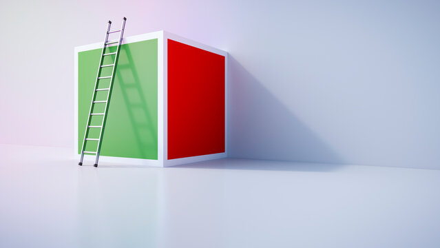 Ladder leaning on a green and red cube representing business decision