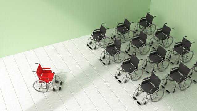 One red wheelchair faces a row of black wheelchairs in a room