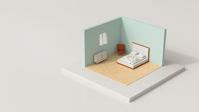 A 3d rendering shows a tiny isometric bedroom with a green brick wall