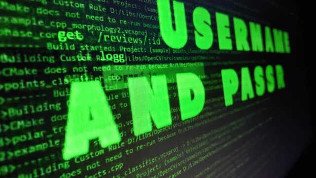Software development code scrolling on dark computer screen with user command