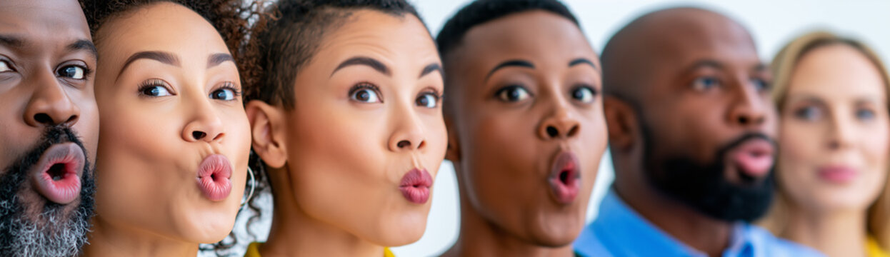 Diverse group of people making O shape with their lips, vocal exercise line up, singing or diction training horizontal banner, joyful expressive faces closeup photo for theater, choir, voice coaching