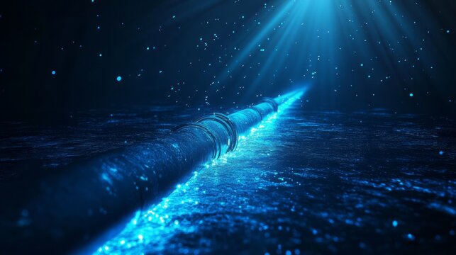 Futuristic underwater pipeline stretching through deep blue ocean with glowing light and industrial infrastructure showing energy transport technology marine engineering subsea network concept scene