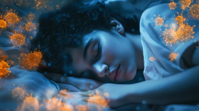 Peaceful sleeping ethnic woman under blanket glowing microscopic particles around symbolizing immune response exposure to bacteria and viruses during rest soft lighting creating protective atmosphere