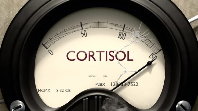 Cortisol - medidor al m&aacute;ximo: la hormona del estr&eacute;s se dispara, el nivel de cortisol sube sin freno y el indicador marca el tope. Demasiado cortisol.