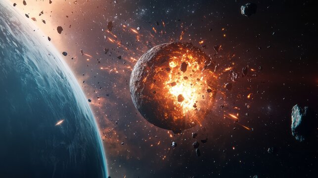 Epic space collision with massive asteroid impacting planet surface creating fiery explosion glowing debris and cosmic dust in deep universe dramatic science fiction concept with intense light motion