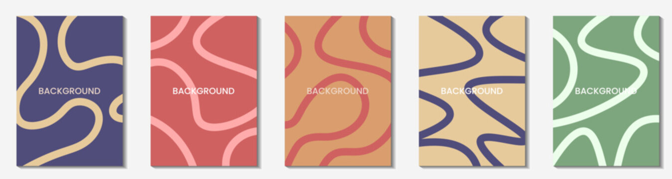 Modern minimal abstract cover template collection with organic wavy lines, Mid century geometric shapes and earth tone backgrounds
