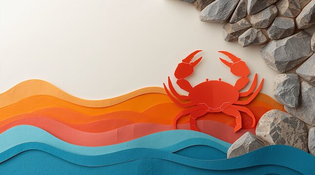 Red Paper Cut Crab on Colorful Wave Layers with Rocky Shore Summer Ocean Concept