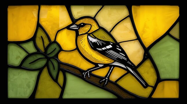 Yellow Songbird on Branch Stained Glass Style Art Decoration Concept