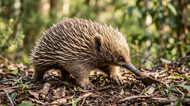 Echidna lush eucalyptus forest, displaying spines, snout. Australian Tachyglossus aculeatus echidna moves on forest floor. Image for wildlife conservation, nature education.