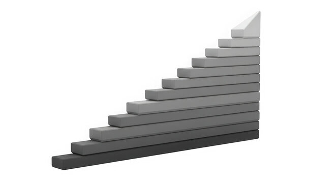 Abstract gray gradient staircase shape made of stacked rectangular blocks isolated on transparent background