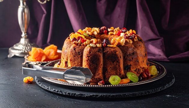 Rich bundt cake topped with nuts and dried fruits, served on a silver platter with dried apricots on the side.