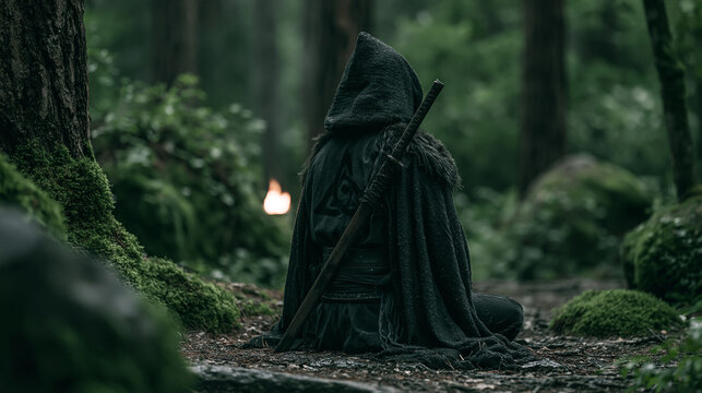 A ninja warrior in black hood sitting in the dark forest turn back to camera , action cinematic.