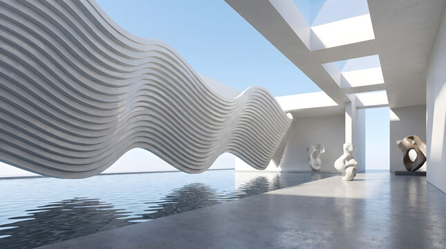 Modern futuristic interior hall with parametric walls and water feature