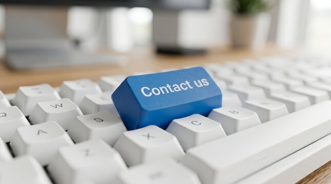 Close-up of a blue contact us button on a computer keyboard.