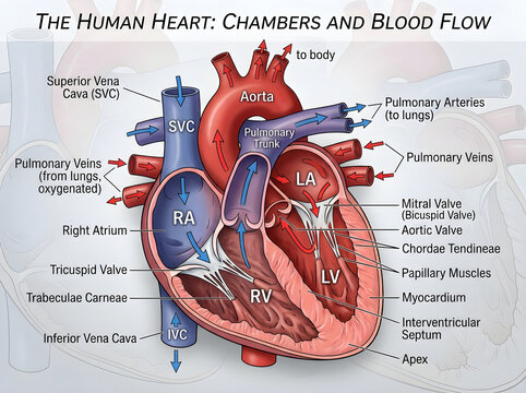 Human heart anatomy with blood flow diagram
