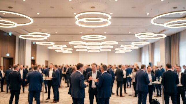 Blurred attendees networking and socializing in a bright, spacious conference hall.