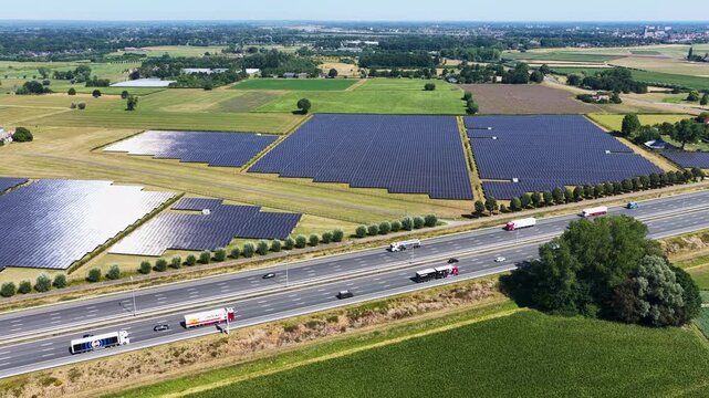 Large ground-mounted solar farm Wilp nearby Deventer in the Netherlands viewed from above