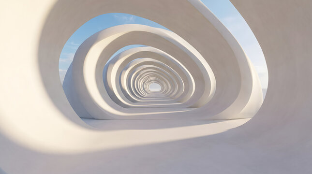 Futuristic white architectural corridor with circular ring arches