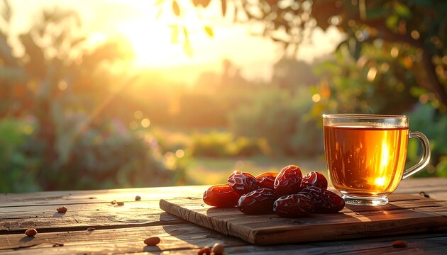 Dates and tea on a wooden table. Ramadan iftar meal with fruit and hot beverage at sunset.