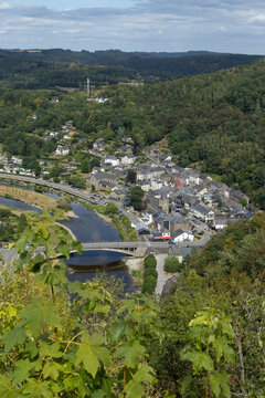 Aerial summer view of the riverside town of Bohan-sur-Semois, in the district of Vresse-sur-Semois, in the province of Namur, Belgium. It is a popular holiday destination in the Belgian Ardennes.