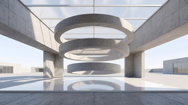 Sleek modern atrium with floating circular ring elements over pool
