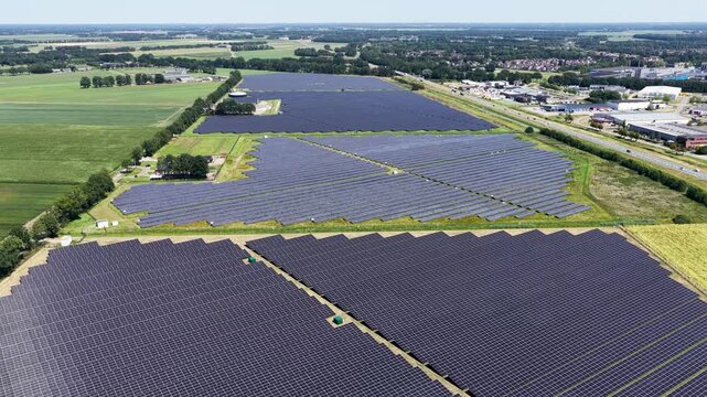 Large ground-mounted solar field nearby Deventer in the Netherlands viewed from above