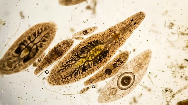 Microscopic View of Parasitic Fluke in Water Sample