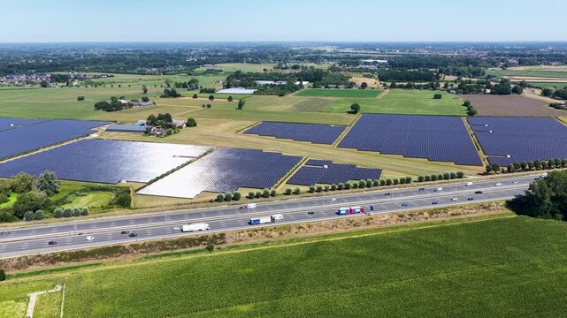 Large ground-mounted solar farm Wilp nearby Deventer in the Netherlands viewed from above