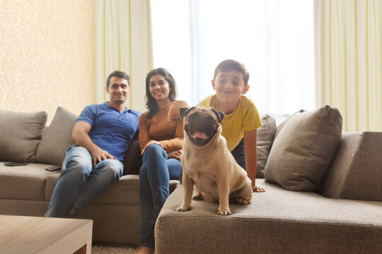 Mother father with son relaxing on sofa with dog