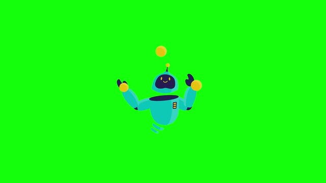 A cheerful blue cartoon robot with antenna and happy face juggles three glowing yellow balls in a smooth rhythmic pattern on a solid bright lime green background.