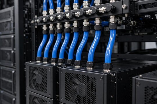 Liquid cooled server racks with blue cooling hoses in modern data center, high performance computing and green data center technology