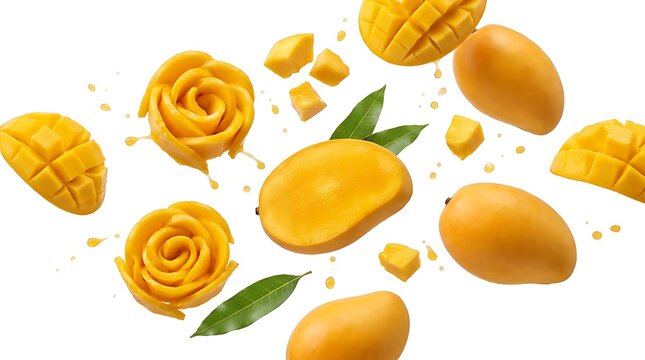 Fresh yellow mango fruits and mango flower shapes made from sliced fruit pieces for healthy food design. ataulfo mango