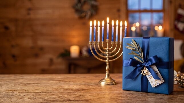 Festive blue gift wrapped with ribbon next to menorah and candles  