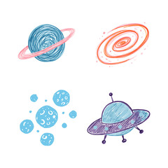 Cute hand drawn space doodle set featuring a Saturn-like planet with rings, spiral galaxy, UFO flying saucer, and blue moon meteorites. Colorful pencil sketch cosmic graphic elements for kids design