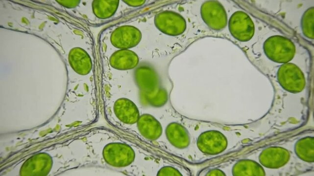 Microscopic view of plant cells with vibrant green chloroplasts