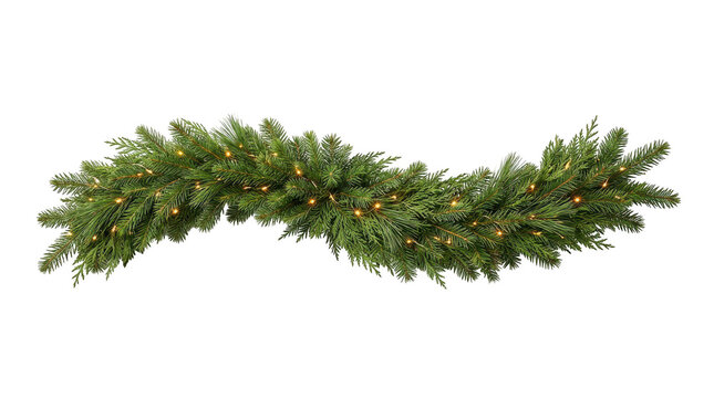 Christmas festive green garland with small orange berries isolated on transparent background