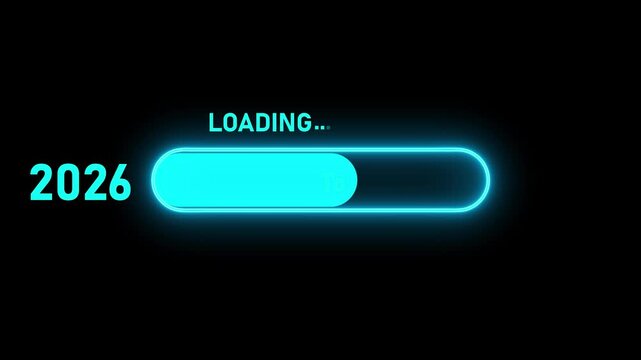 New year 2027 loading bar animation, Loading bar from 2026 to 2027 new year transfer animation. Almost reaching New Year on black background. Welcoming the happy new year 2027. 4k videos