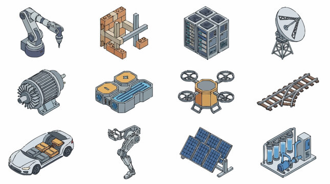 Industrial machinery and renewable energy components are displayed as isometric icons illustrating the intersection of mechanical engineering and sustainable power solutions for modern infrastructure.
