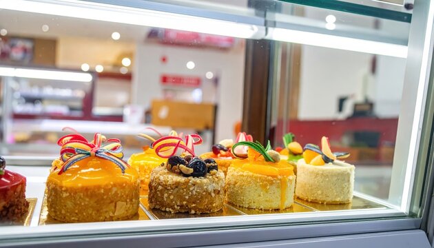 Variety of delicious gourmet cakes displayed in a bright bakery display case, ready for sale.