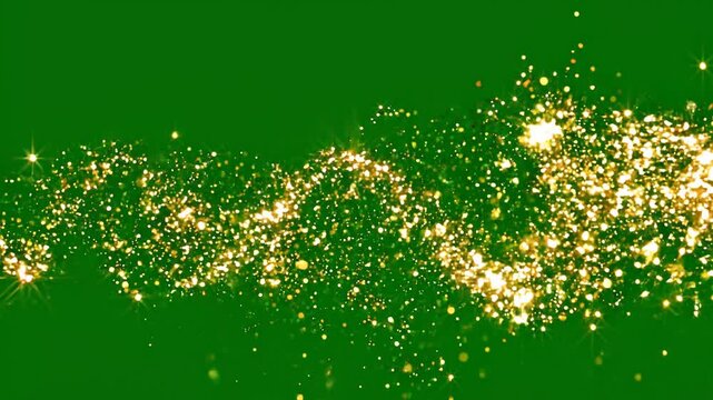 Golden sparkle particles forming a zigzag path on a dark green background