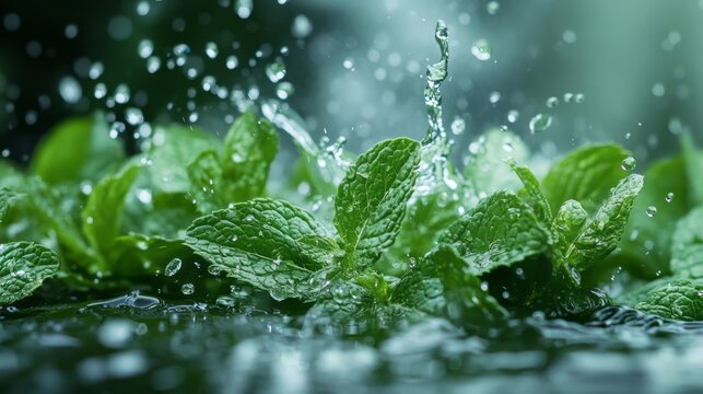 Macro close up of fresh mint leaves with water droplets and splashes vibrant green texture natural herb background highlighting freshness purity and organic plant detail in high resolution composition