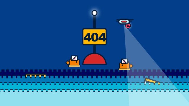 Stylized 404 Page Not Found Error Interface with Robotic Searchers and Spotlight on Blue Background