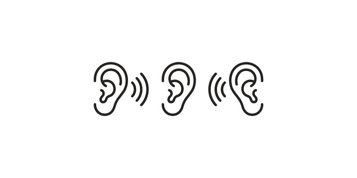 Three stylized human ear icons with sound wave symbols indicating hearing listening or audio perception isolated on transparent background vector line art for medical communication.