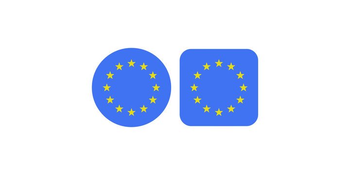 European union flag icons in circular and rounded square shapes featuring golden stars on blue background representing political unity and european integration for digital applications.