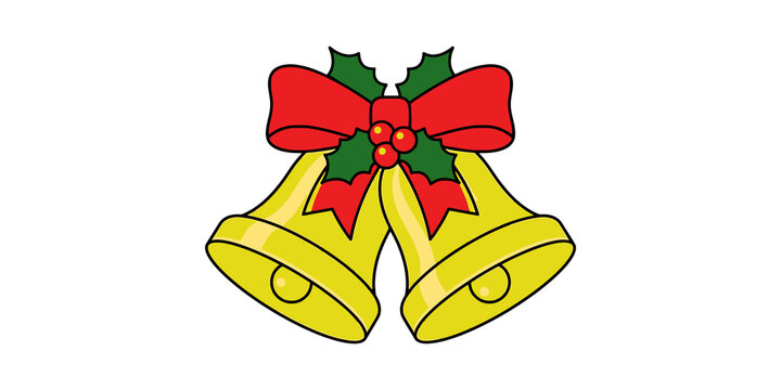 Christmas gold bells with red bow and holly berries decoration for winter holiday celebration and festive season greeting card design isolated on transparent background vector art.
