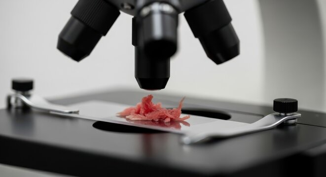 Detailed Macro View of Raw Meat Fibers Under a Microscope for Scientific Analysis