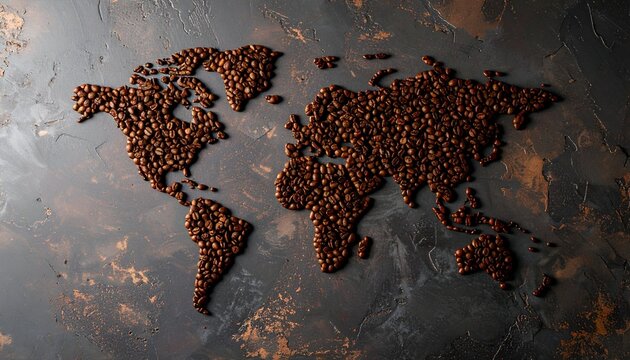 World map made of coffee beans, centered, on textured brown-gray background