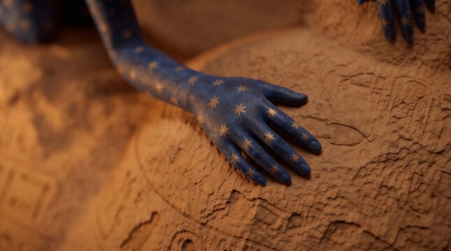 Close up of the starry blue hand of the Egyptian sky goddess Nut resting on carved stone