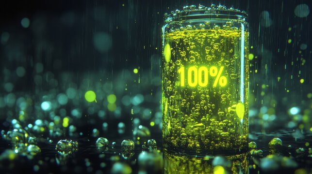 Futuristic glowing battery container showing full energy level with green liquid and light particles power sustainability renewable energy material technology in a high tech digital ecology resource